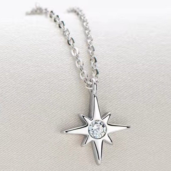 NWOT 1CT Moissanite star necklace, sterling silver, white gold plated 16”- 18” - Picture 3 of 13